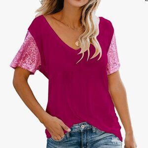 Women's Sequin Short Sleeve V Neck Blouse Glitter Sparkles Loose Wine S